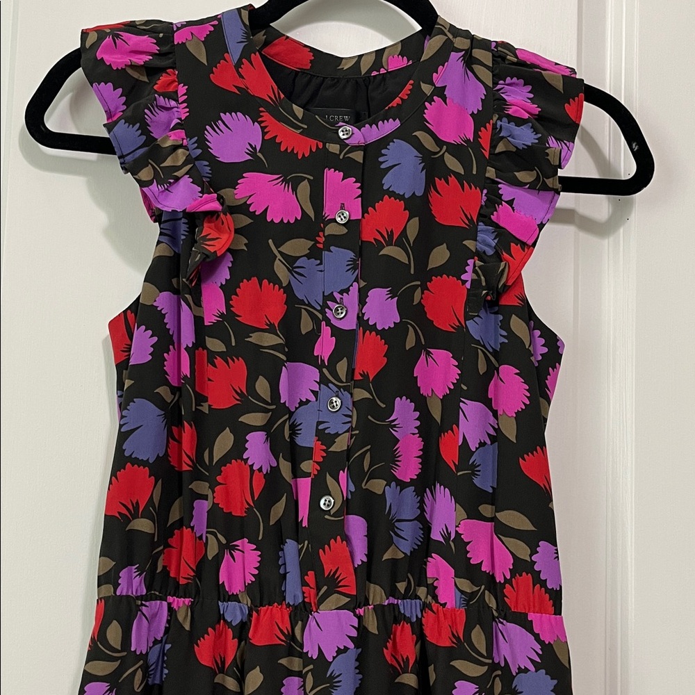J. Crew Painted Pansy Floral Silk Dress Ruffle Cap Sleeves Sz 00 - Picture 3 of 7